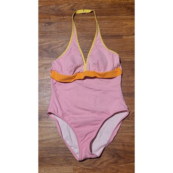 Vintage Talbots Sz 12 Pink One Piece Swimsuit V-Neck Low Maillot Chic Halter - Picture 1 of 5